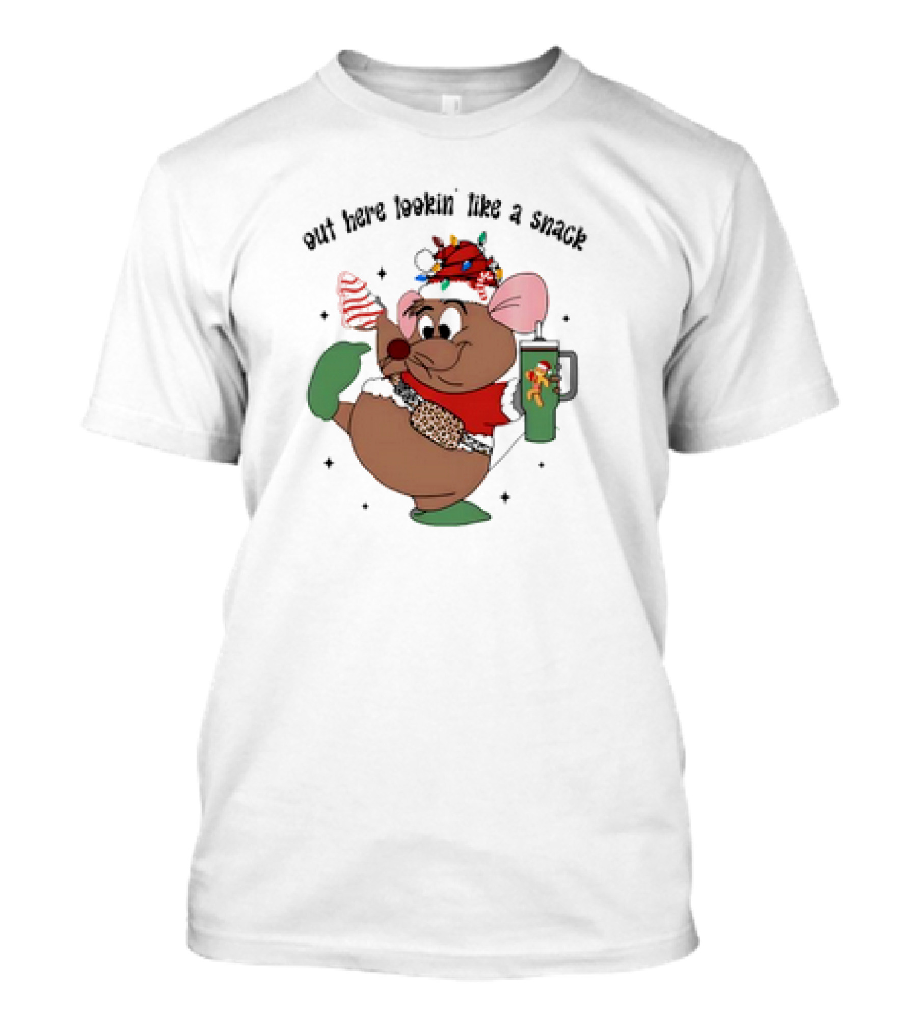 Out Here Lookin' Like A Snack Funny Mouse Christmas 2024 With Festive Mug And Santa Hat T-Shirt