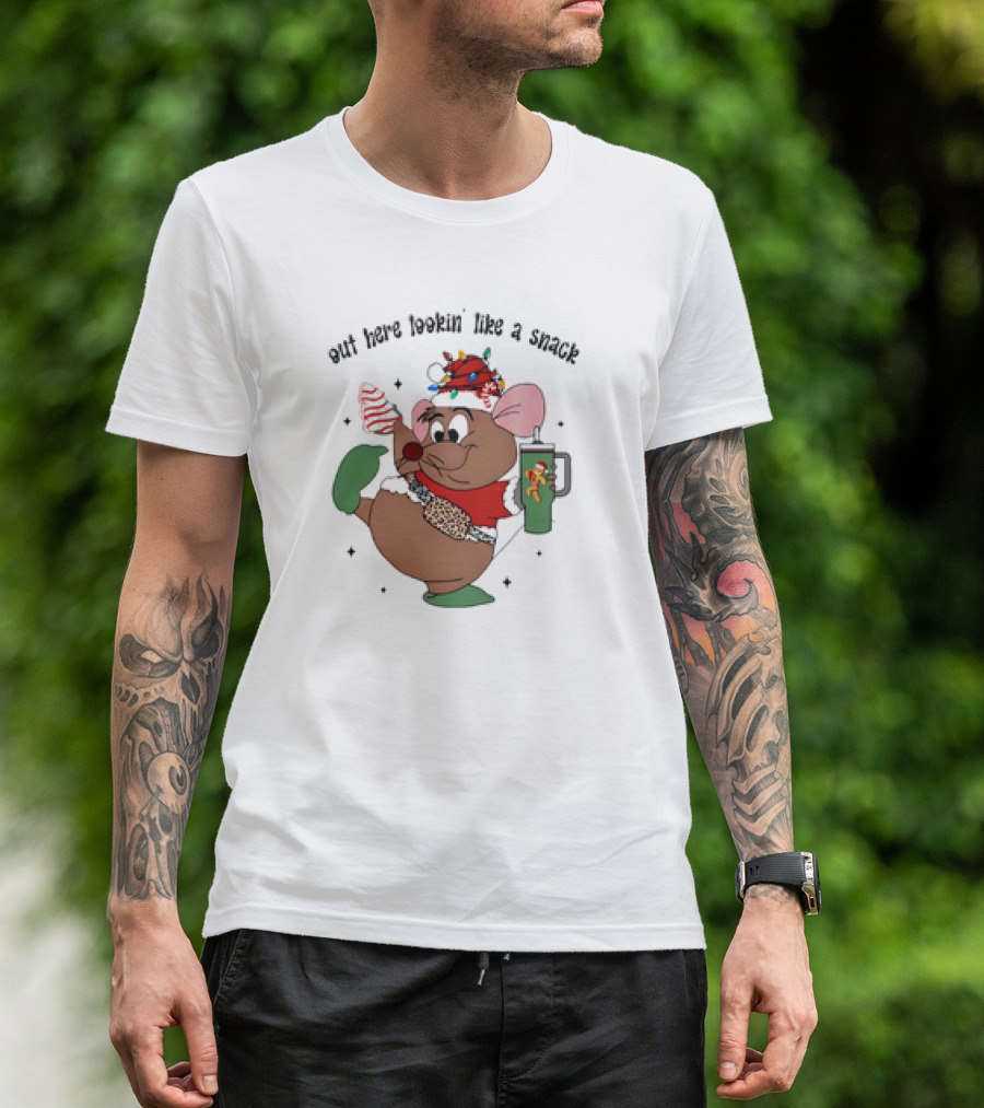 Out Here Lookin' Like A Snack Funny Mouse Christmas 2024 With Festive Mug And Santa Hat T-Shirt