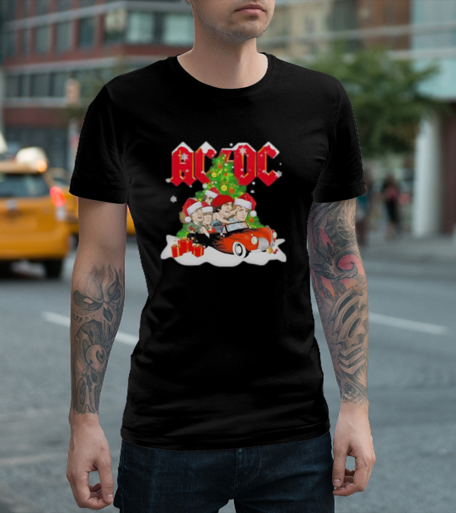 AC DC High Voltage Rock Band Christmas 2024 Festive Celebration With Santa Hats and Classic Car T-Shirt