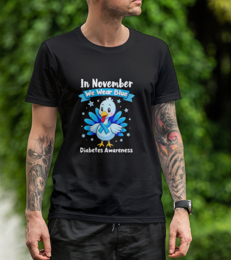 In November We Wear Blue Thanksgiving Diabetes Awareness Turkey With Ribbon And Stars T-Shirt