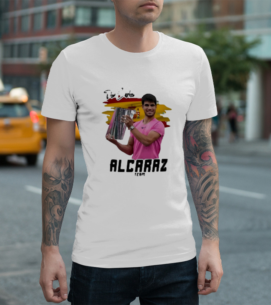 Don Carlos Alcaraz Team with Trophy and Spanish Flag T-Shirt