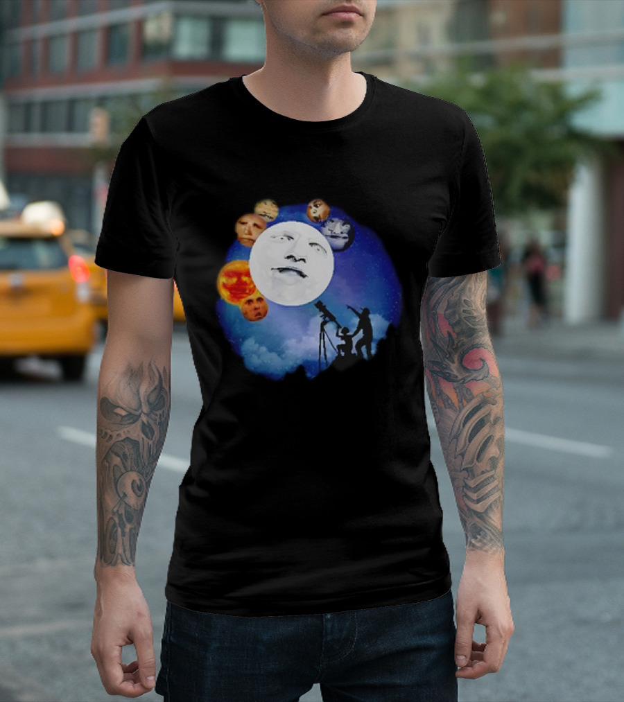 Man and Child Stargazing at Moon and Face Planets T-Shirt