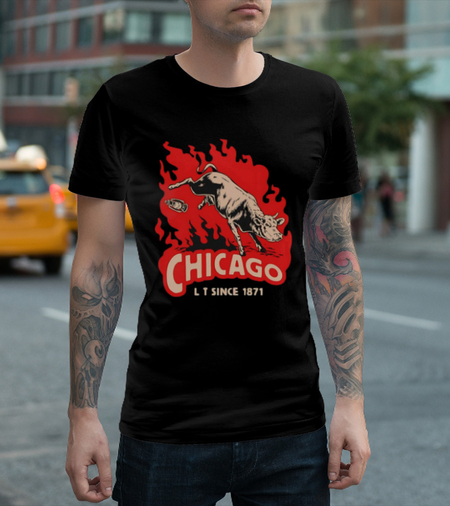 Chicago Lit Since 1871 Kicking Cow Flame T-Shirt
