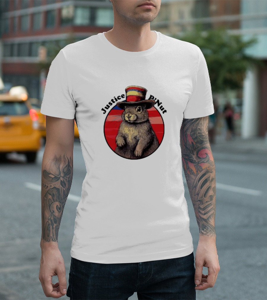 Justice P’Nut Squirrel Wearing Vintage Hat with Red Blue Stripes T-Shirt