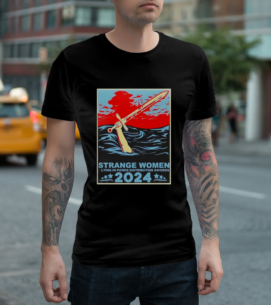 Strange Women Lying In Ponds Distributing Swords 2024 Vintage Sword Art with Stars and Waves T-Shirt
