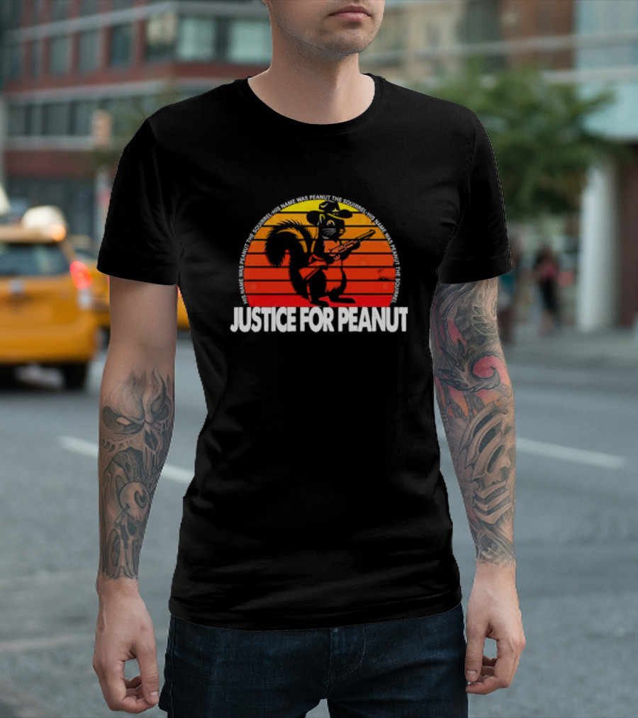 Justice For Peanut His Name Was Peanut The Squirrel Retro Sunset Squirrel With Hat And Gun T-Shirt