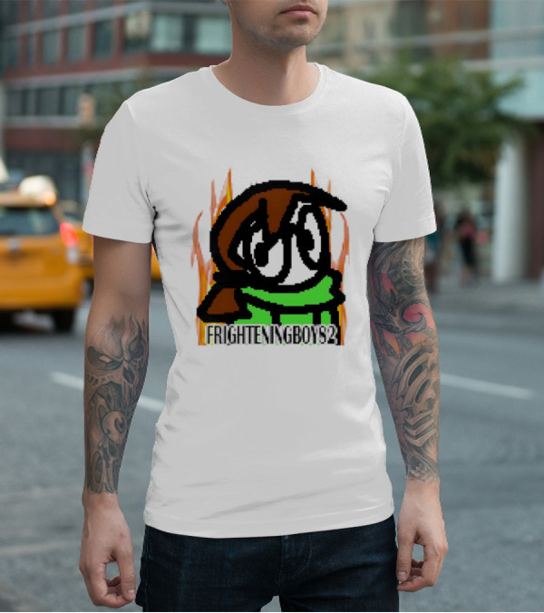 FRIGHTENINGBOY82 Leaf Pixel Art Character With Green Scarf And Flames T-Shirt