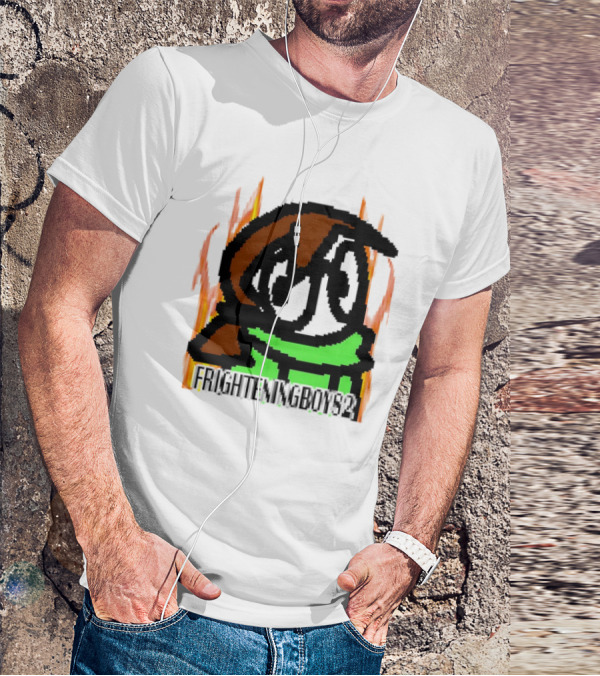 FRIGHTENINGBOY82 Leaf Pixel Art Character With Green Scarf And Flames T-Shirt