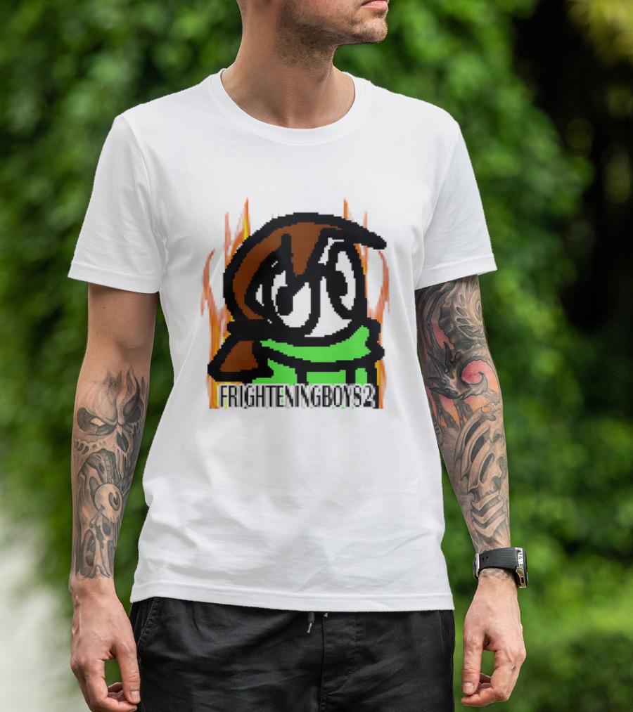 FRIGHTENINGBOY82 Leaf Pixel Art Character With Green Scarf And Flames T-Shirt