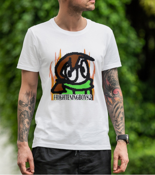 FRIGHTENINGBOY82 Leaf Pixel Art Character With Green Scarf And Flames T-Shirt