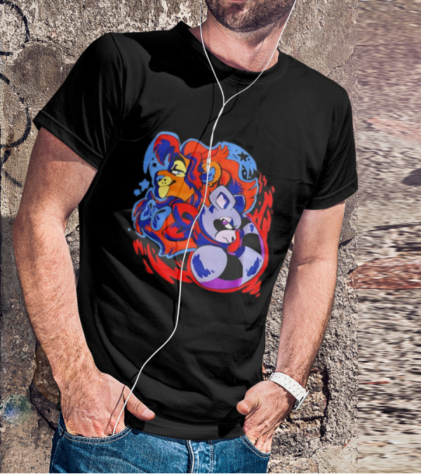 Lion And Raccoon Cartoon With Colorful Flowing Manes And Scarves T-Shirt