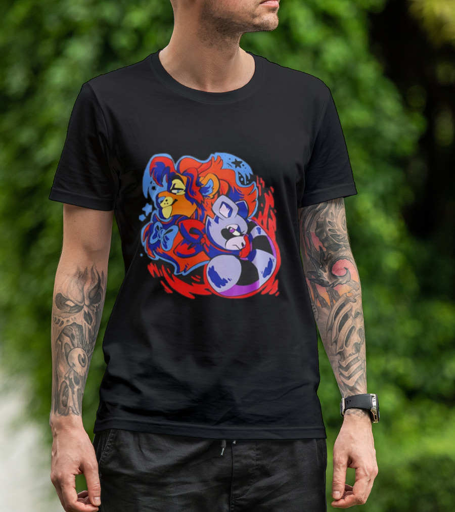 Lion And Raccoon Cartoon With Colorful Flowing Manes And Scarves T-Shirt