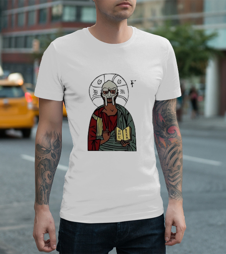 MF DOOM Cartoon Iconic Mask with Sacred Imagery and Open Book One Beer T-Shirt