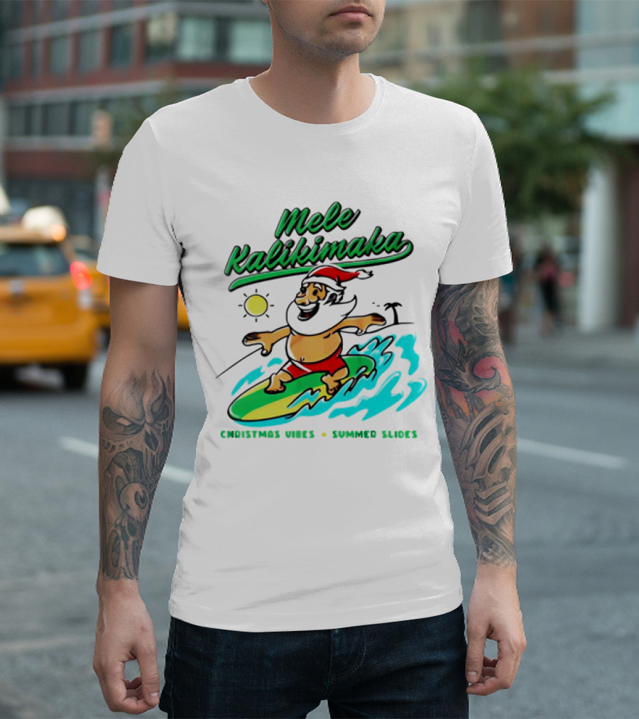 Mele Kalikimaka Santa Claus Surfing Christmas Vibes Summer Slides T-Shirt