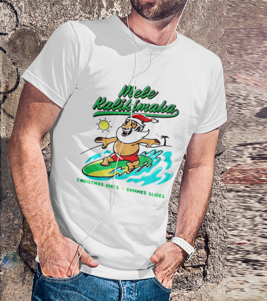 Mele Kalikimaka Santa Claus Surfing Christmas Vibes Summer Slides T-Shirt