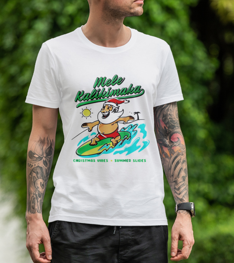 Mele Kalikimaka Santa Claus Surfing Christmas Vibes Summer Slides T-Shirt