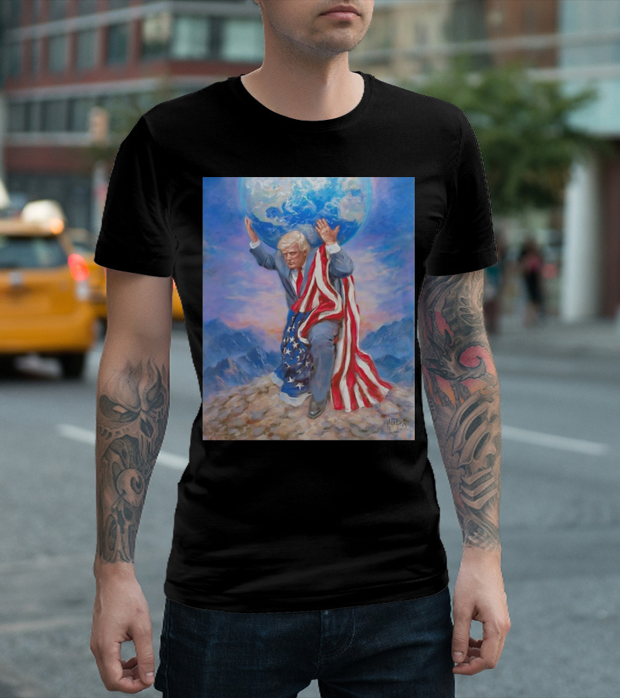 Trump Leads The Way Holding Earth Draped In American Flag T-Shirt