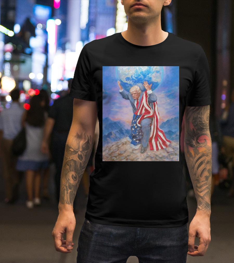 Trump Leads The Way Holding Earth Draped In American Flag T-Shirt