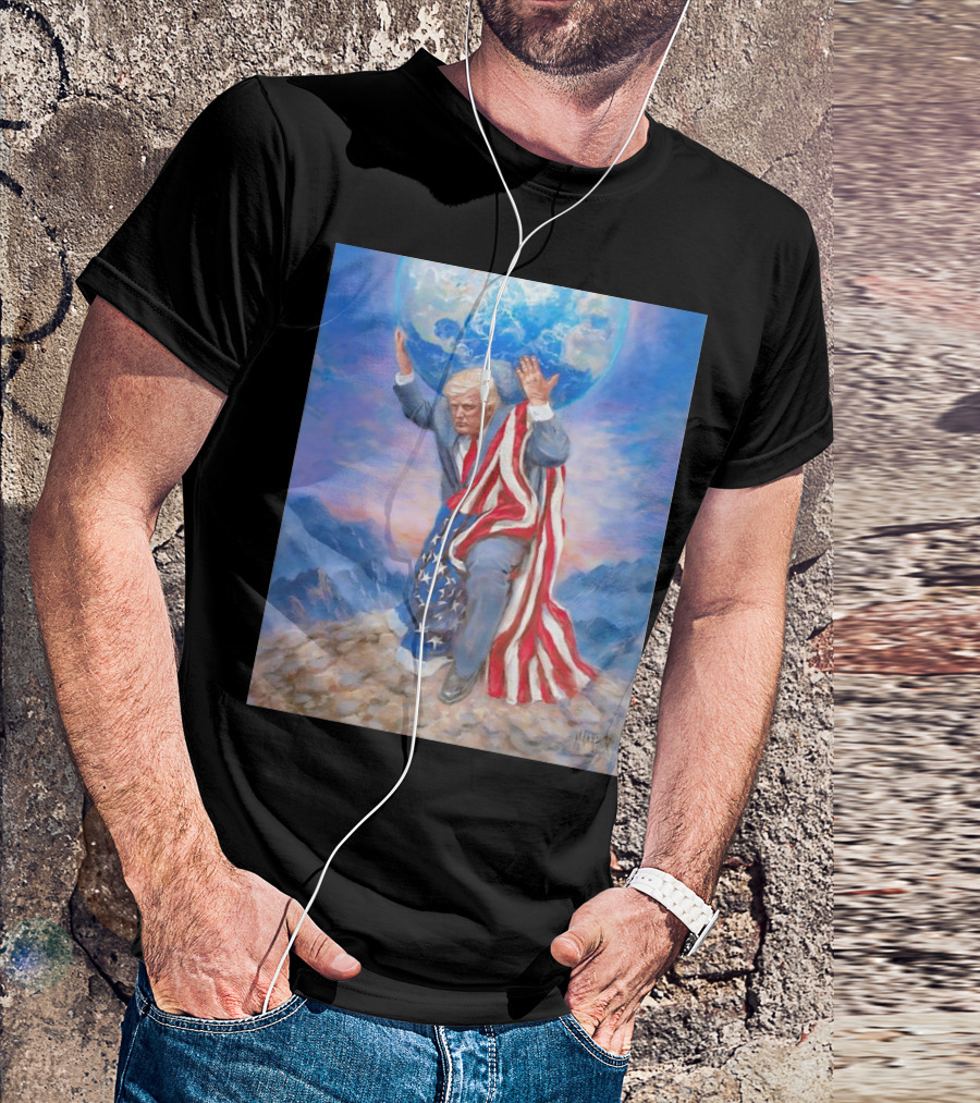 Trump Leads The Way Holding Earth Draped In American Flag T-Shirt