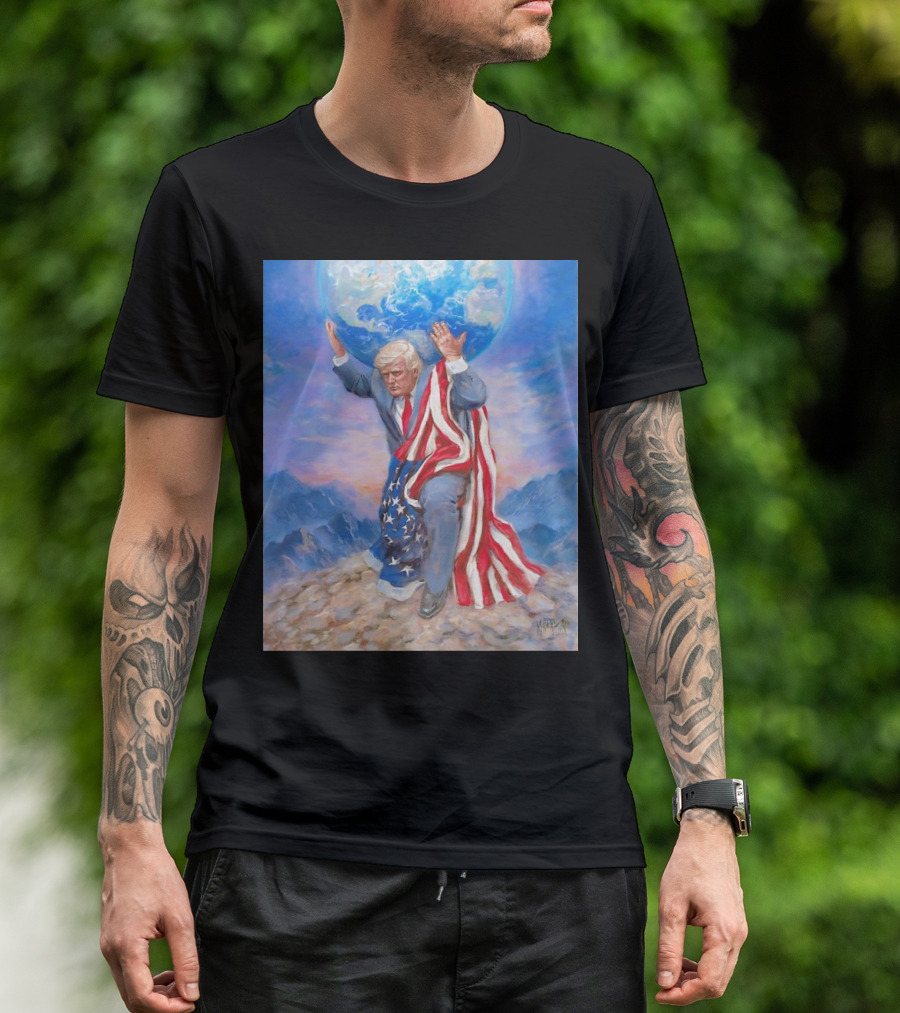 Trump Leads The Way Holding Earth Draped In American Flag T-Shirt