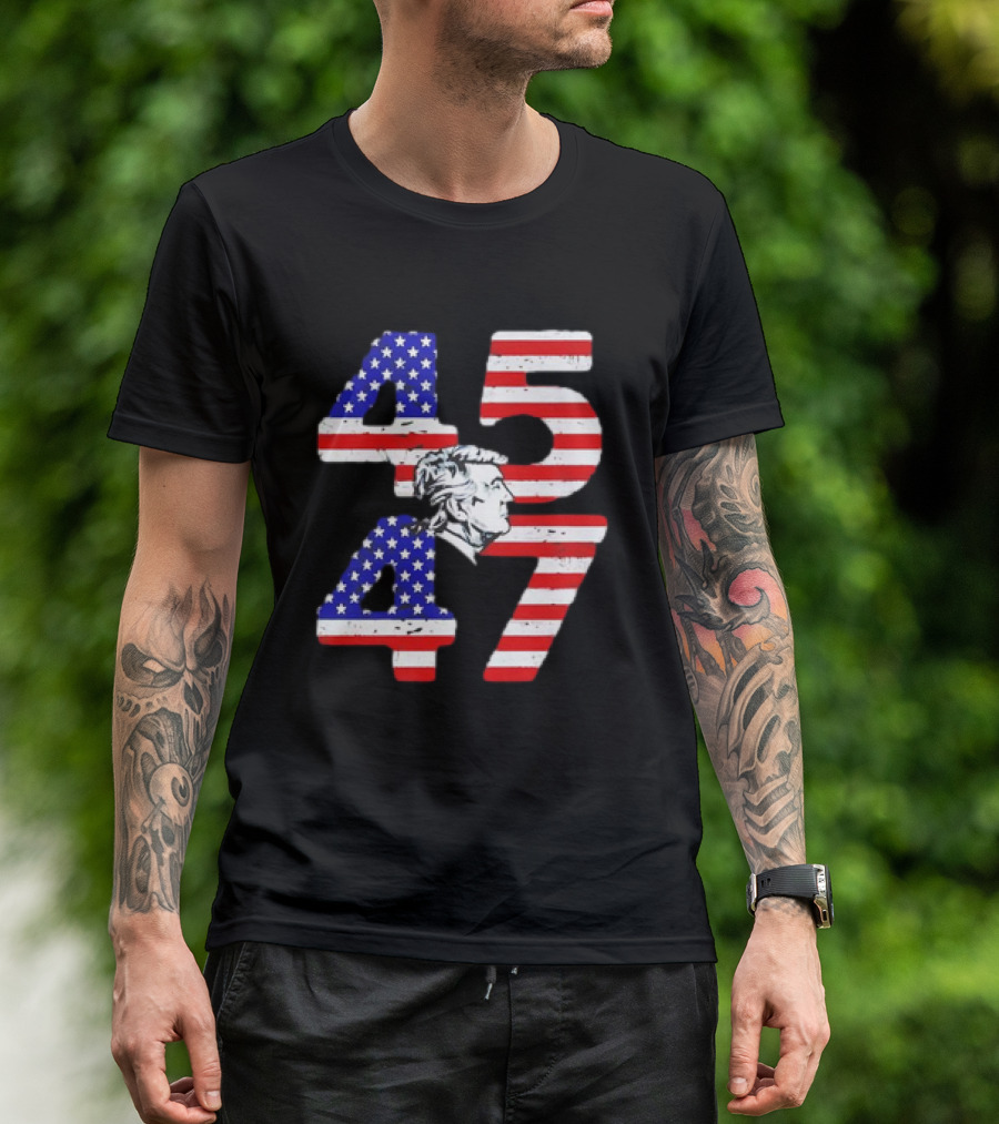 Patriotic 45 47 Trump Silhouette American Flag Theme Funny T-Shirt
