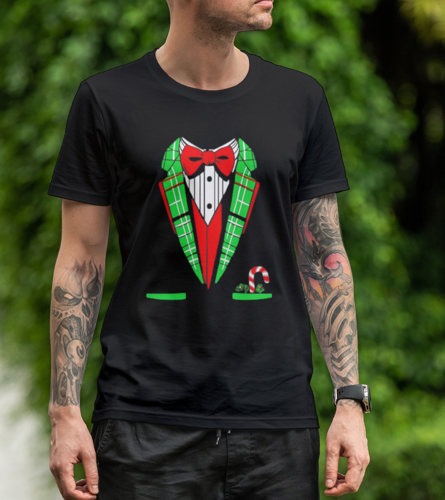 Santa Tuxedo Christmas Suit Candy Cane Plaid Bow Tie T-Shirt