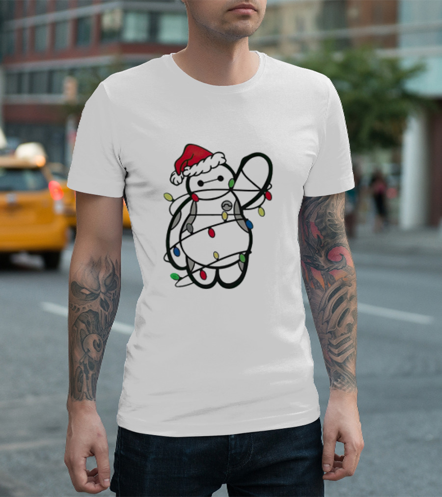 Baymax Wrapped in Christmas Lights Wearing Santa Hat T-Shirt