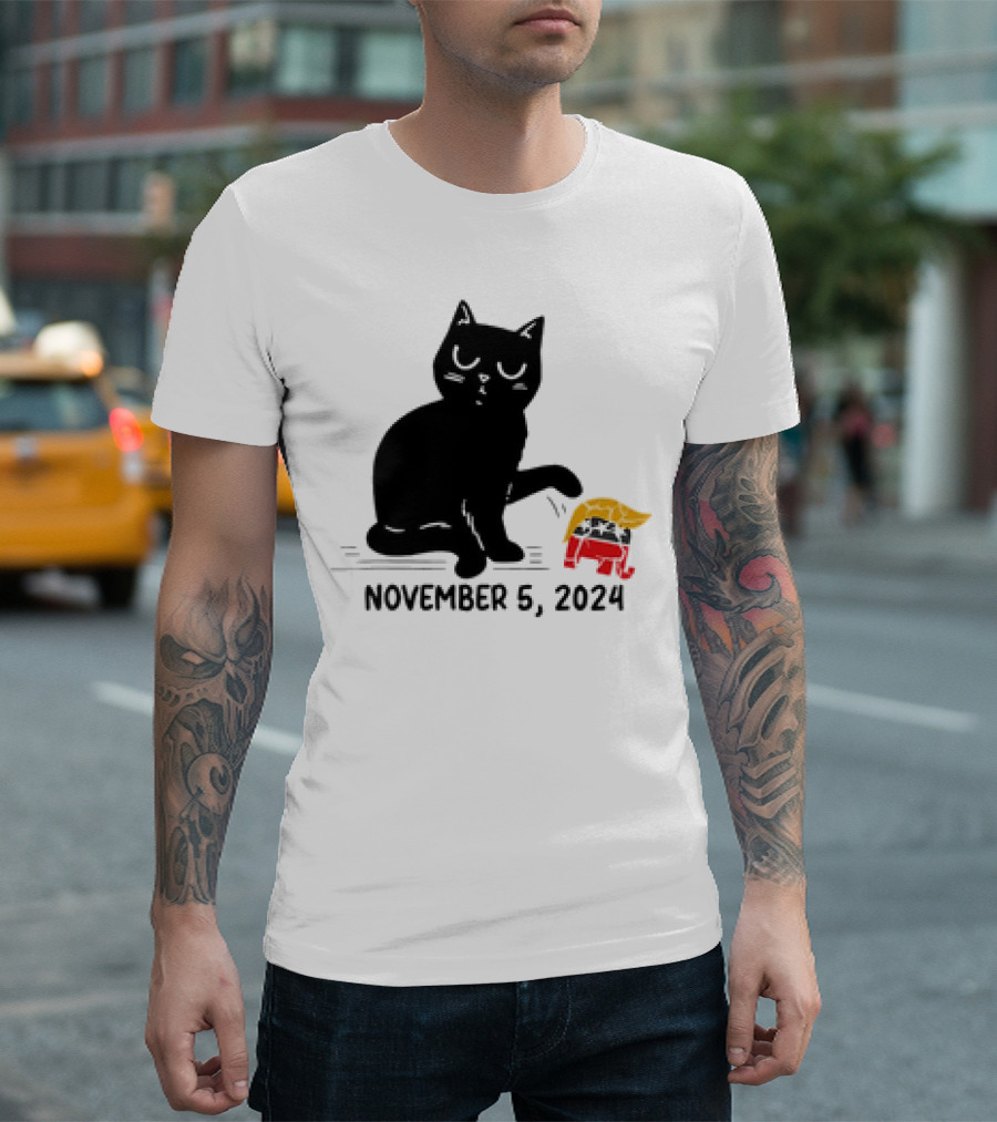 Black Cat Knocking Over Trump Hair Elephant November 5 T-Shirt