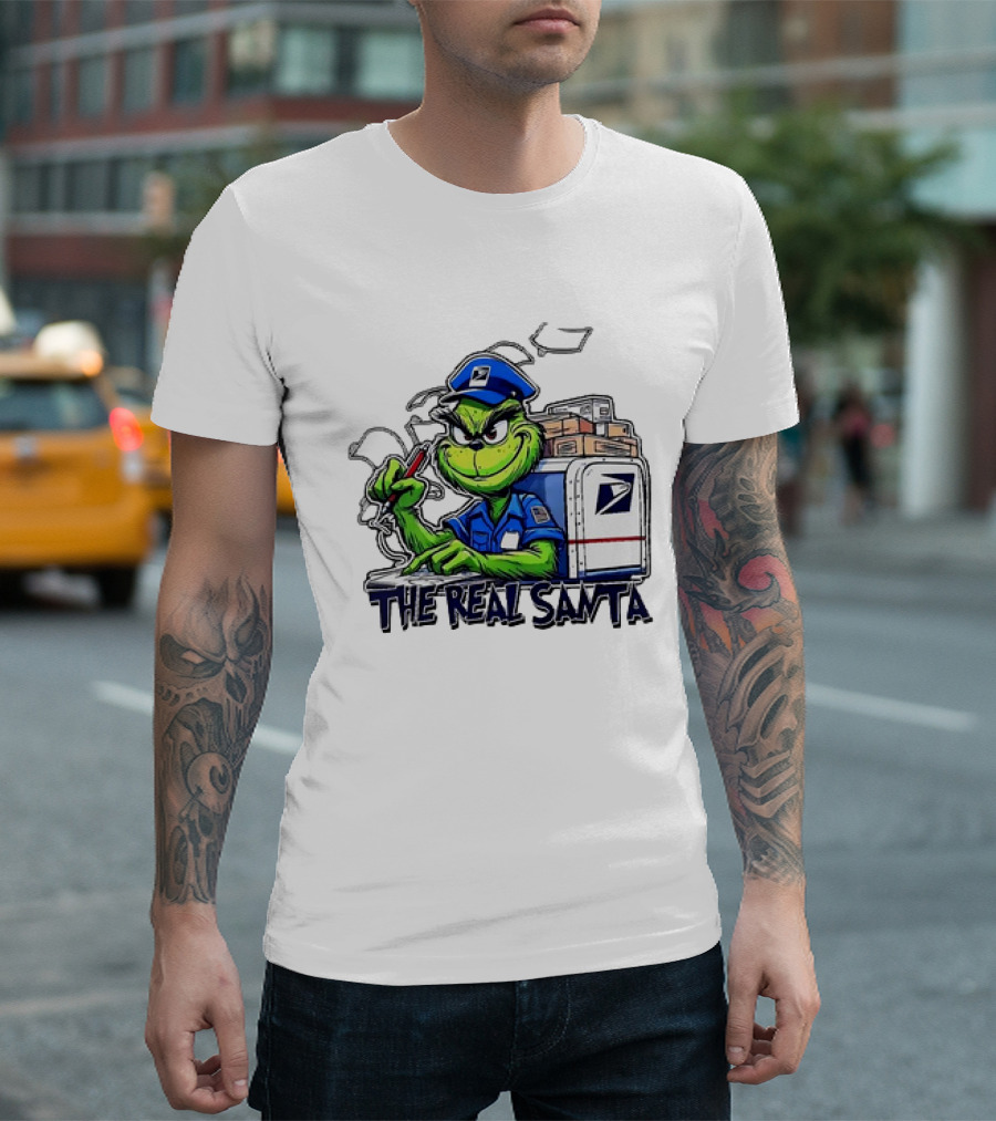 Grinch USPS The Real Santa Postal Delivery Holiday Fun T-Shirt