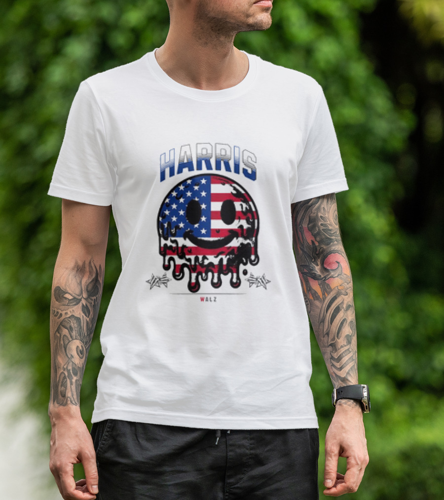 Harris Walz Smiley Drip USA Flag T-Shirt