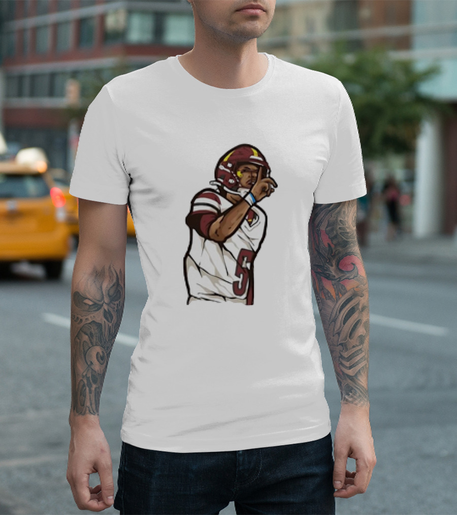 Jayden Daniels Shhh Gesture Cartoon Football Player Number 5 T-Shirt