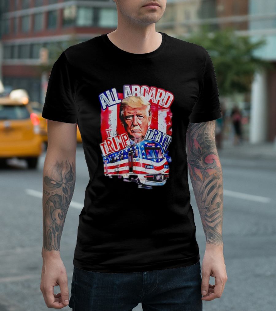 All Aboard The Trump Train With Patriotic Imagery And Train T-Shirt