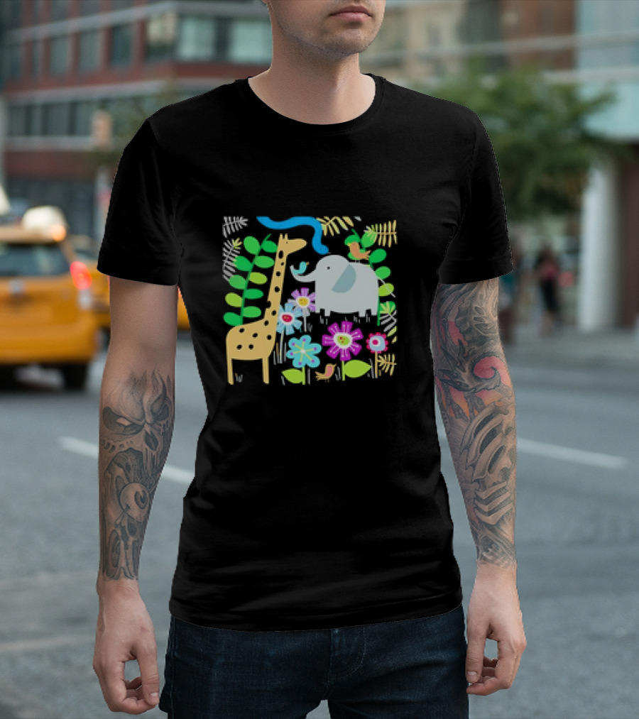 Safari Animal Party Jungle Giraffe Elephant Floral T-Shirt