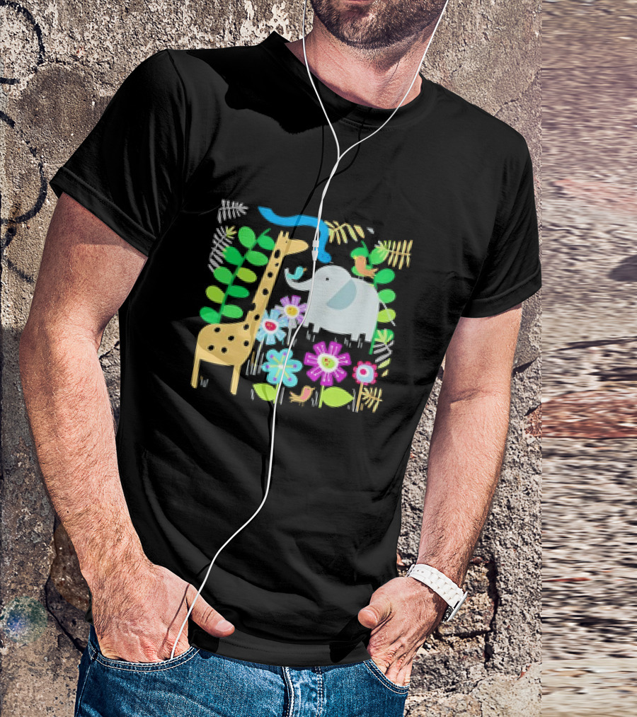 Safari Animal Party Jungle Giraffe Elephant Floral T-Shirt