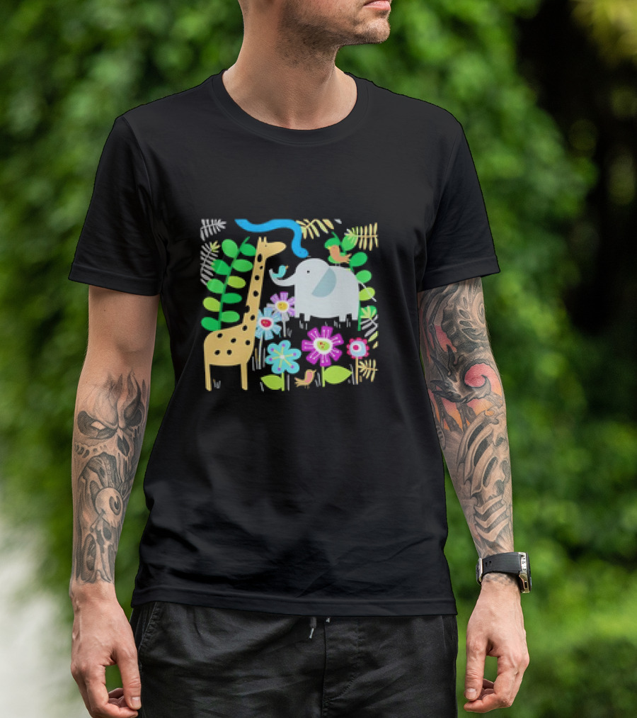 Safari Animal Party Jungle Giraffe Elephant Floral T-Shirt