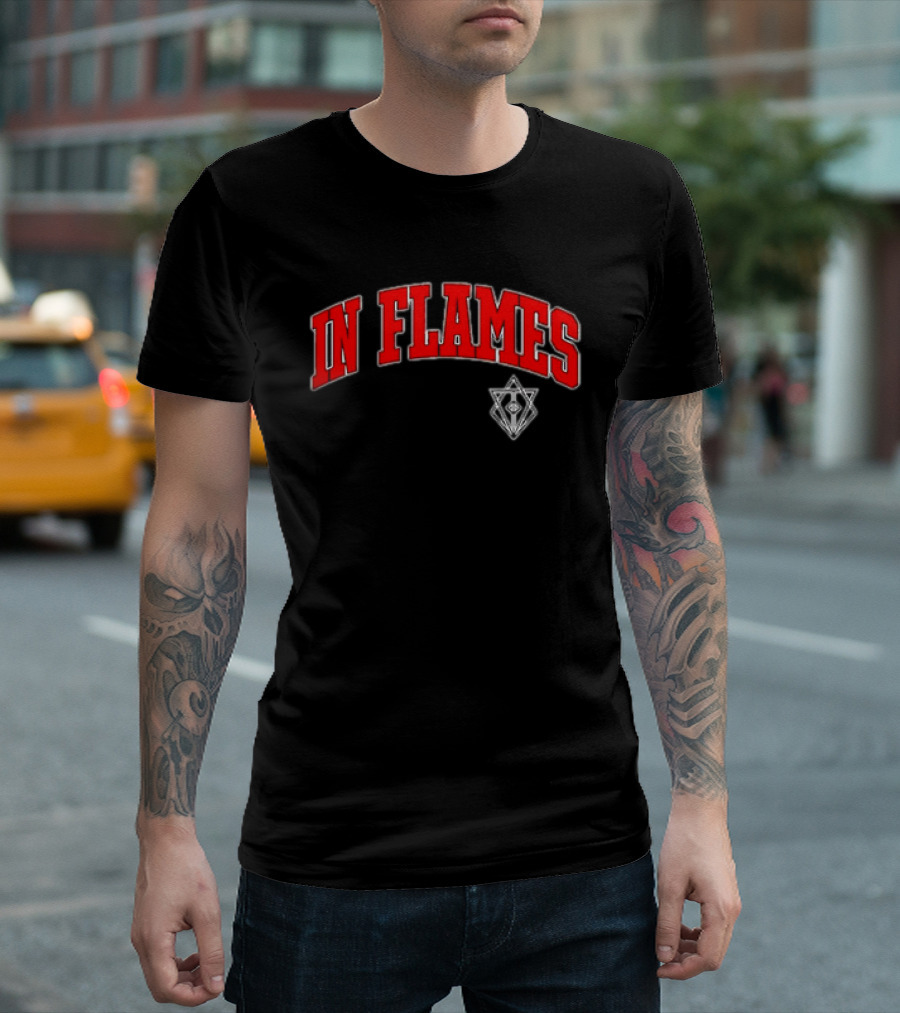 In Flames Red Collegiate Text With Geometric T-Shirt