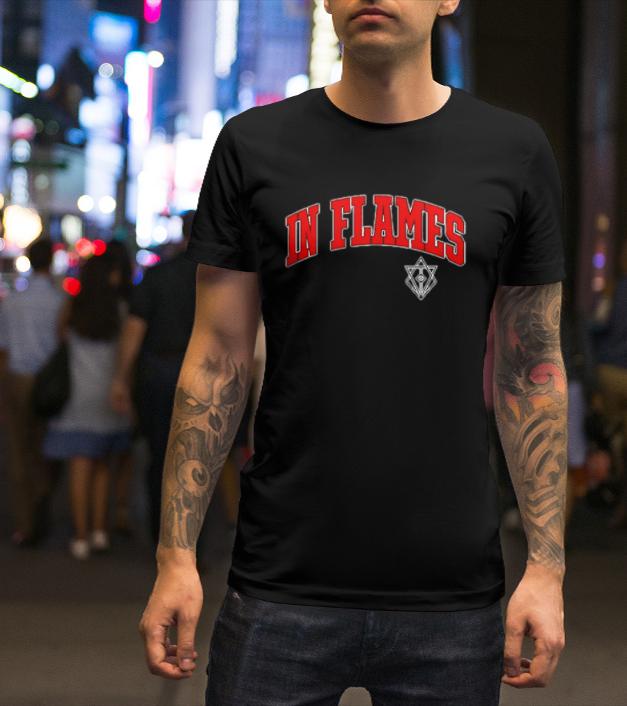 In Flames Red Collegiate Text With Geometric T-Shirt