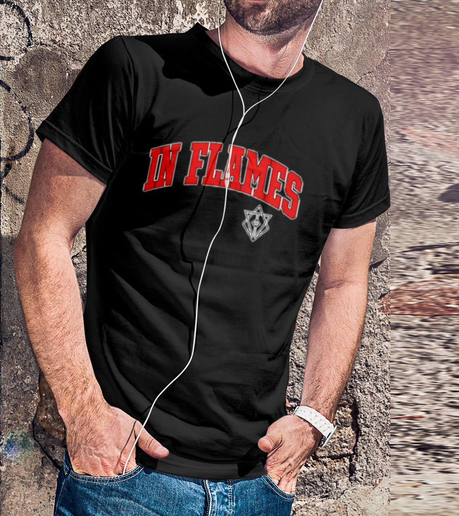 In Flames Red Collegiate Text With Geometric T-Shirt