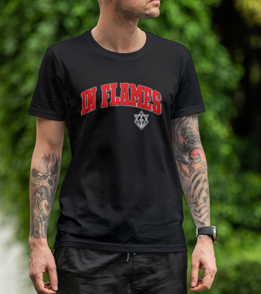 In Flames Red Collegiate Text With Geometric T-Shirt