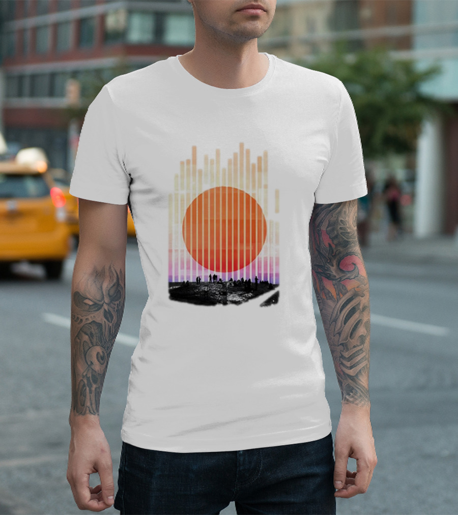 Stripe and Sun Vintage Sunset Silhouette on Horizon T-Shirt