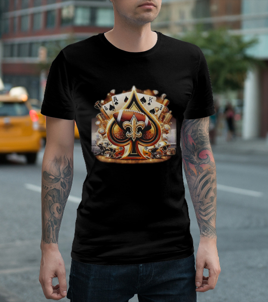 New Orleans Saints Gold Spade Football And Fleur-de-Lis With Playing Cards And Helmets T-Shirt