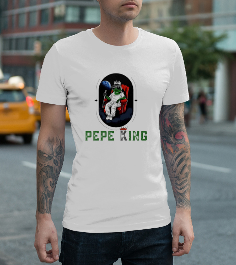 Pepe King Meme Coin Earth Throne Crown Chair T-Shirt