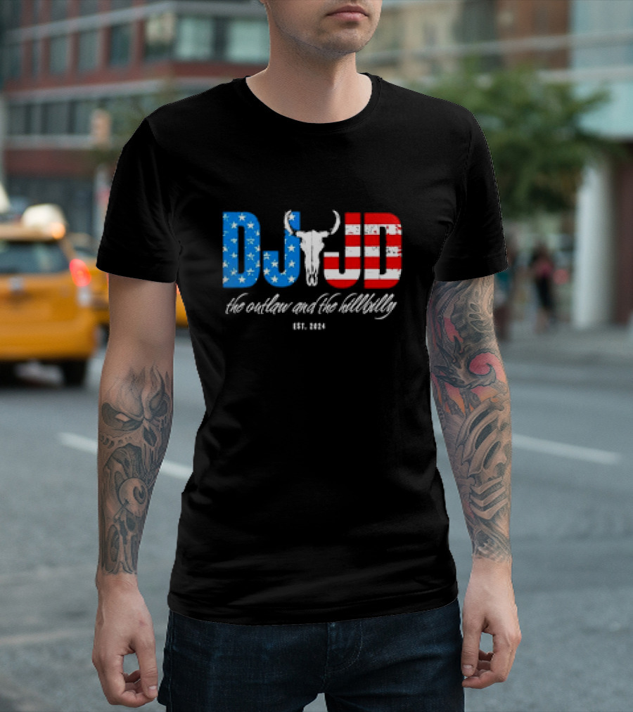 DJ JD The Outlaw and The Hillbilly Est. 2024 American Flag Bull Skull T-Shirt