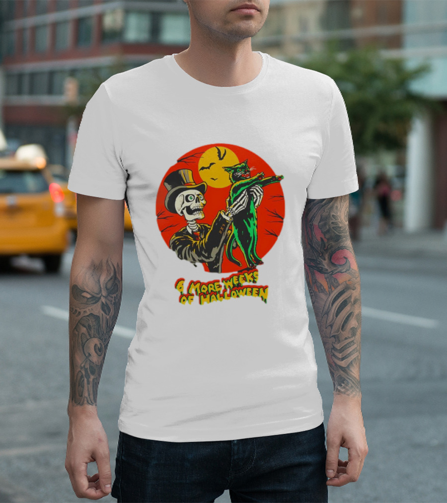 6 More Weeks of Halloween Black Cat Day Skeleton and Moon T-Shirt