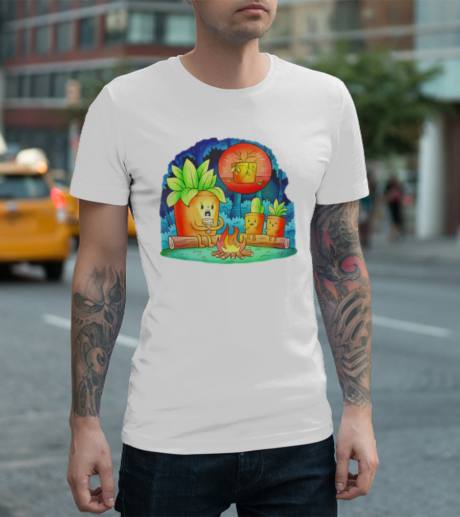 House Plants Gather Around Campfire Sharing Spooky Stories in the Woods T-Shirt