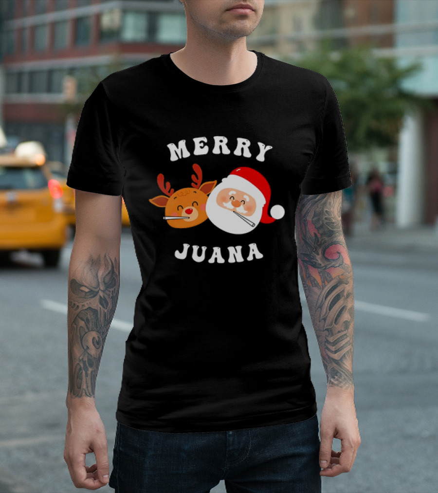 Merry Juana Christmas Santa and Reindeer Smoking Holiday Fun T-Shirt