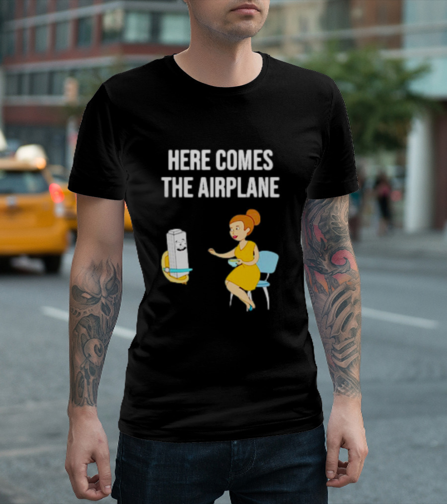 HERE COMES THE AIRPLANE CARTOON TOILET PAPER AND WOMAN ON CHAIR T-Shirt