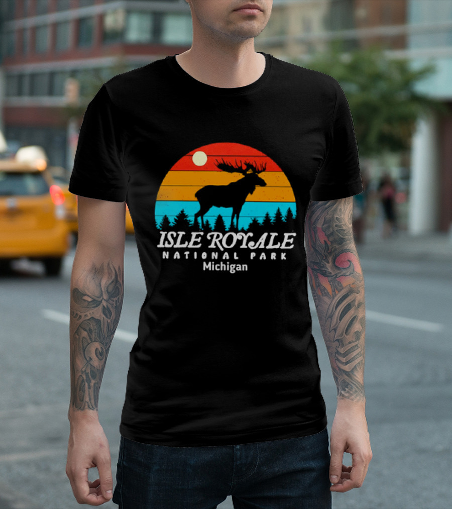 Isle Royale National Park Michigan Vintage Sunset Moose T-Shirt