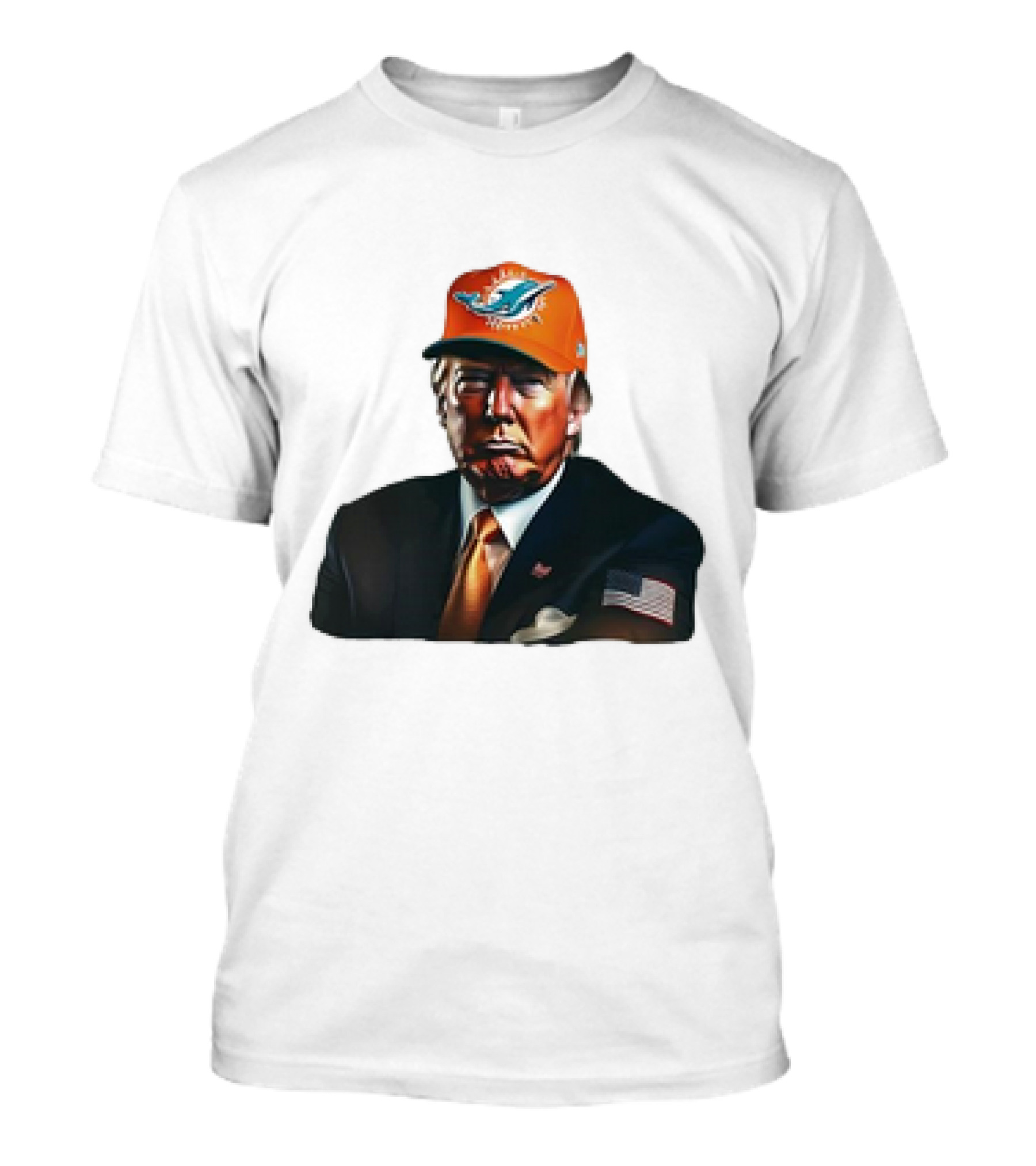 Donald Trump Wearing Miami Dolphins Hat American Flag Suit T-Shirt
