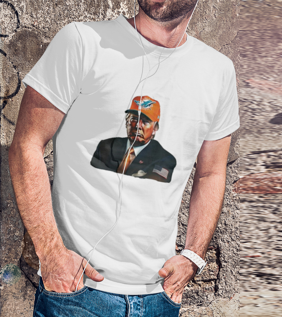 Donald Trump Wearing Miami Dolphins Hat American Flag Suit T-Shirt